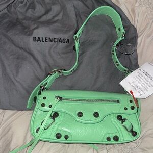 Balenciaga Mint Green Leather Shoulder Bag with Silver Studs